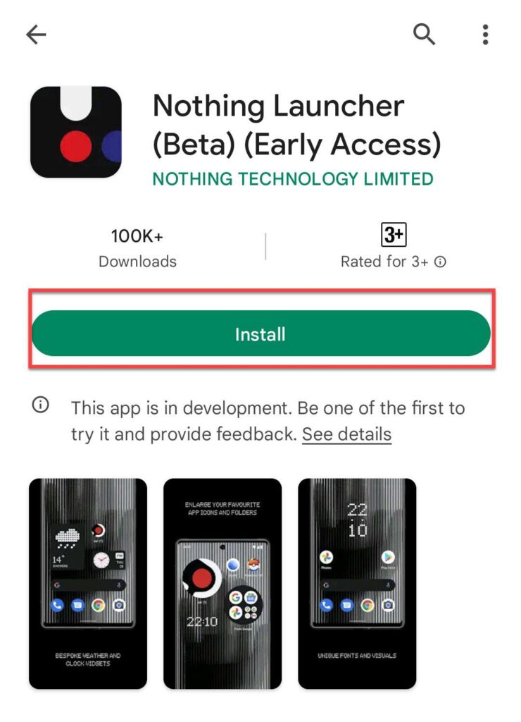 To get Nothing Launcher on your Samsung Galaxy phone, tap the Install button