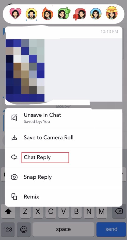 To reply to a specific message on Snapchat (2022), hold on to the selected “Chat” and tap on the “Chat Reply.” 