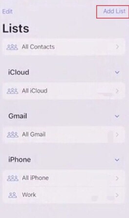 To create a contact group on iPhone (iOS 16), tap on the “Add List.” option.