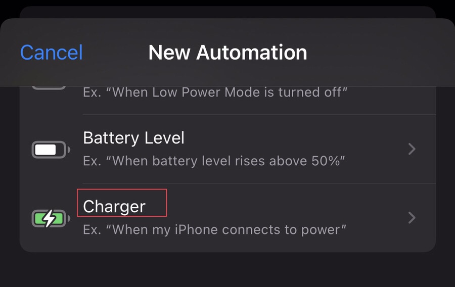 Then select the “Charger” from the new automation menu.