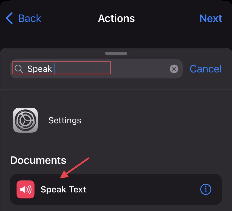 In the search box, type “Speak” and select the “Speak Text” option.