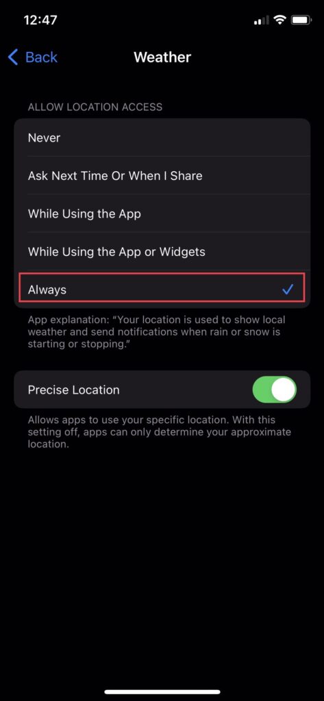Now select the “Always” option.