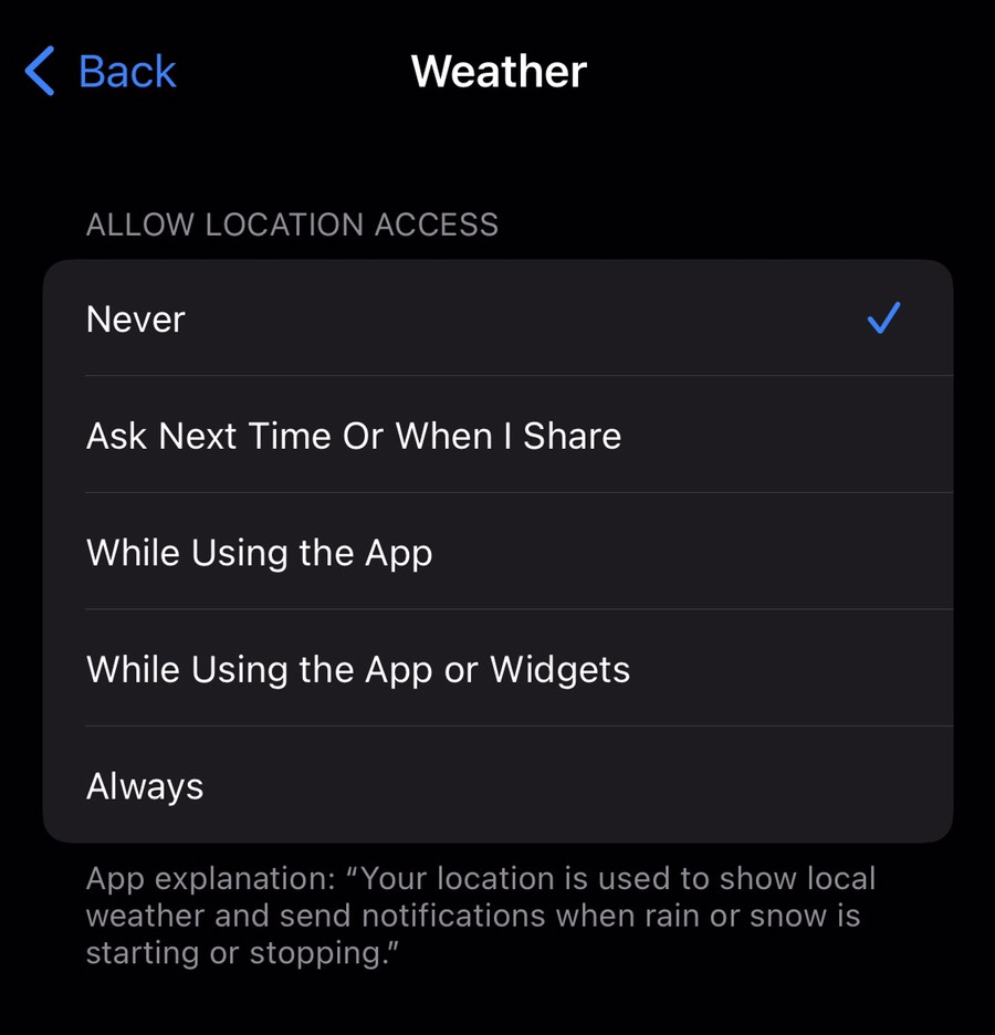 You see that the weather app doesn't have location access.
