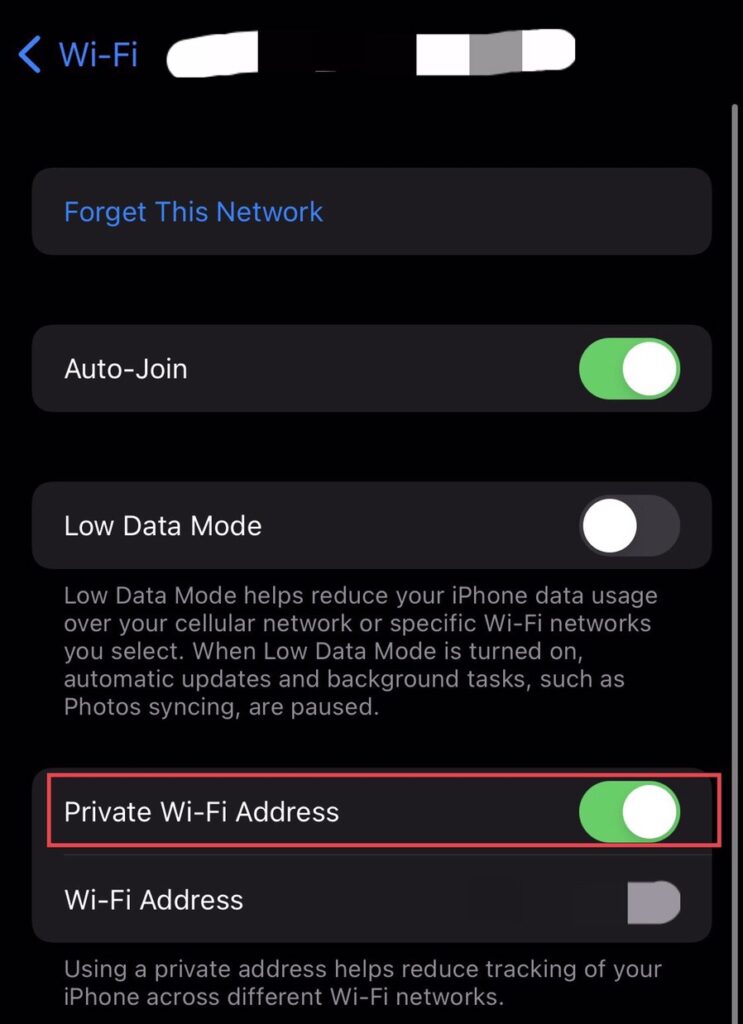 To enable and use Private Wi-Fi addresses on iPhone (iOS 16), tap to turn on the “Private Wi-Fi address” for the network.