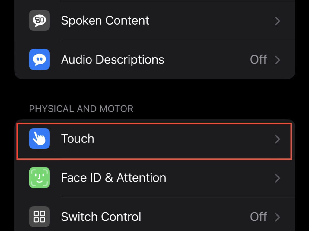 Select "touch" from accessibility menu 