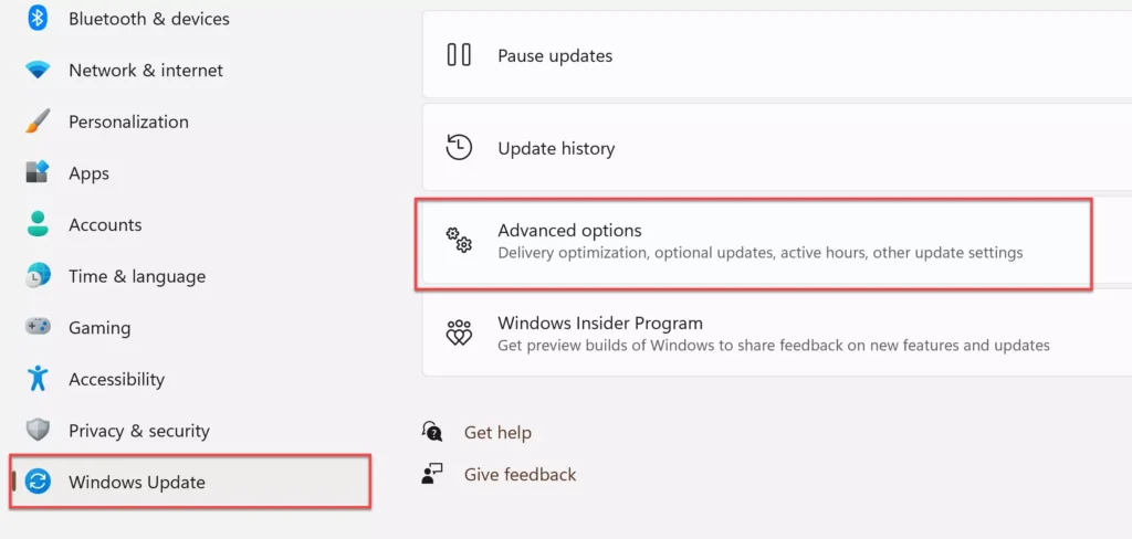 Go to Windows Update and select Advanced options