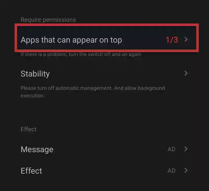 "apps that can appear on top" option