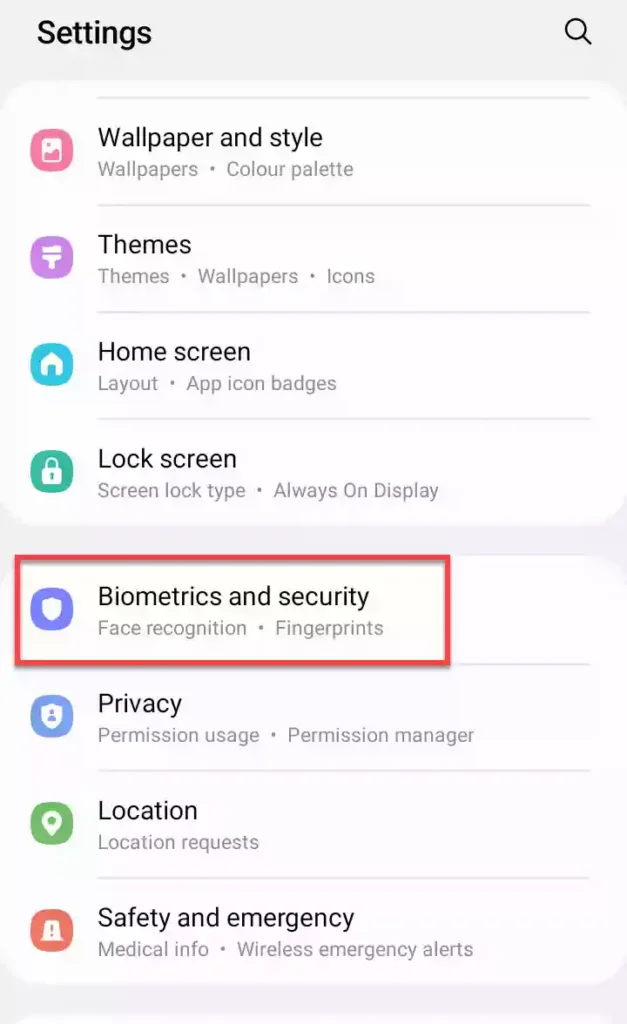 Biometric and security in the Settings