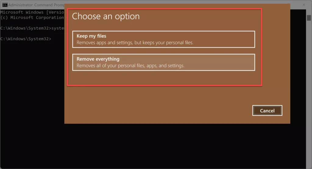 choose either to keep your files on the PC or to remove everything