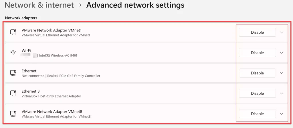 Enable Wifi and ethernet on Windows 11 via Settings