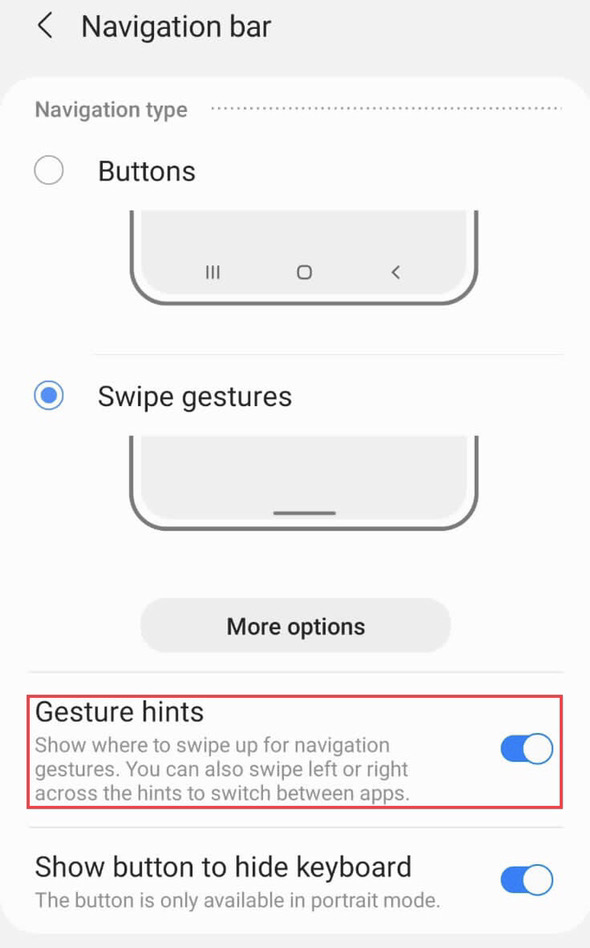 To hide gesture hint bar on Samsung phone, turn off the "Gesture hints."