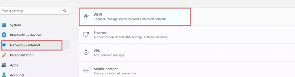 Network & internet in Settings 