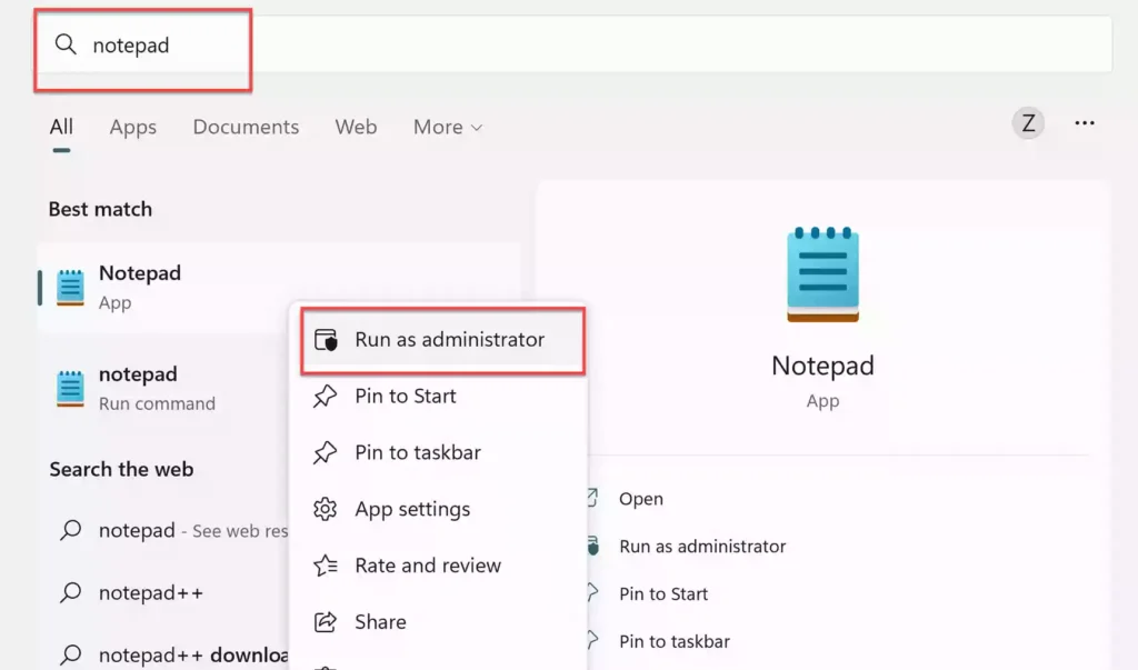 Run Notepad as administrator