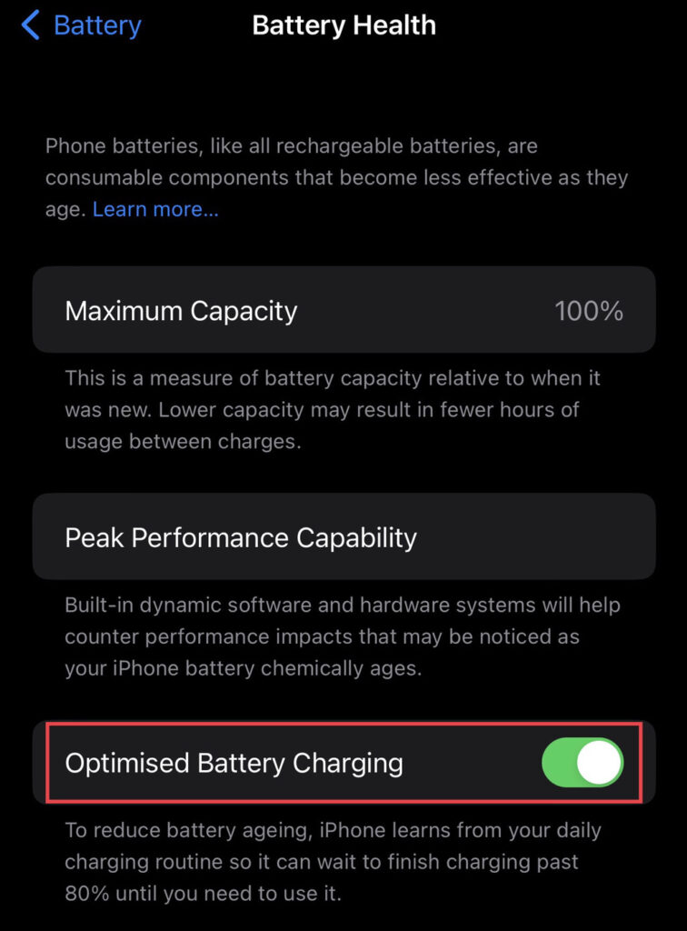Tap to turn on "Optimized
Battery Charging."