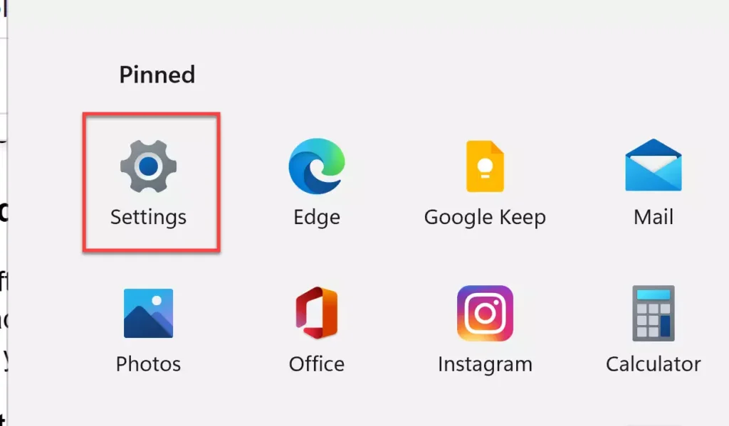 Opening Settings from Start Menu