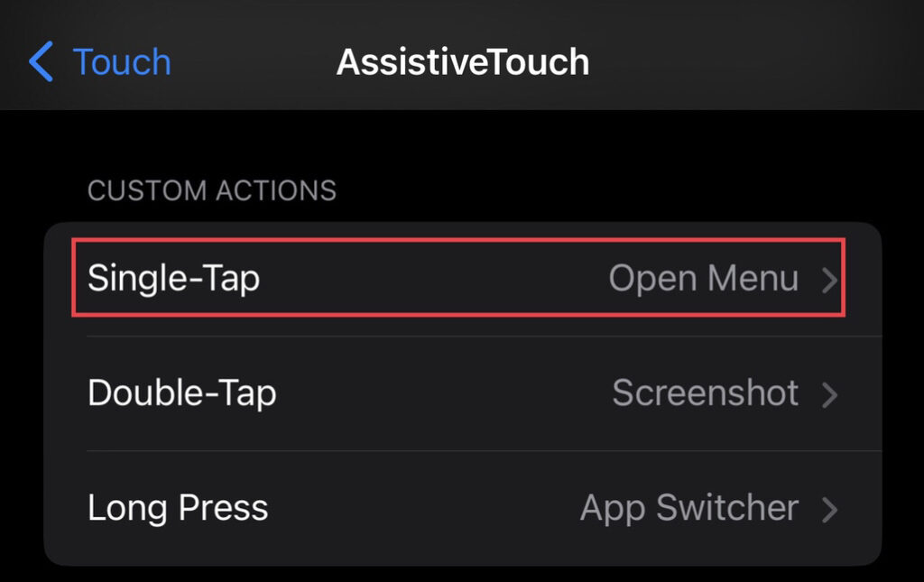 Select "Single Tap" from the assistive touch menu.