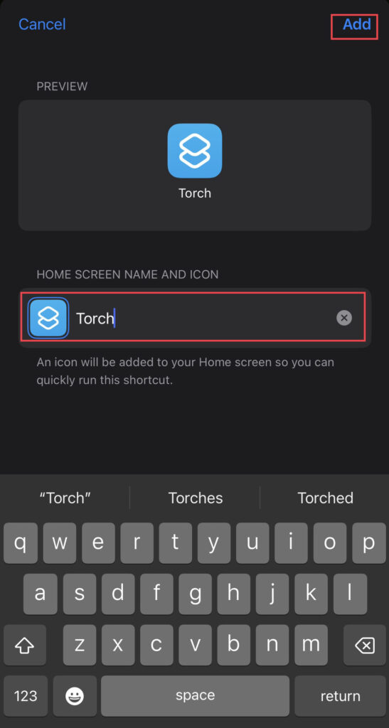 Tap on the "Add" option after you set a name for the shortcut.