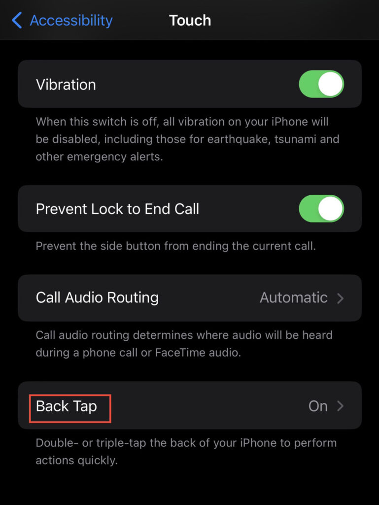 Now choose the "Back tap" option.