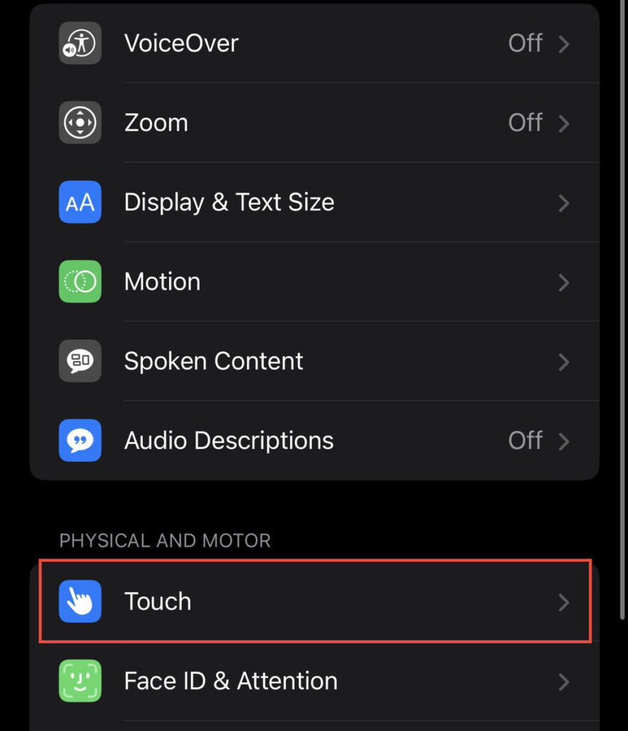 Select "Touch" from accessibility menu.