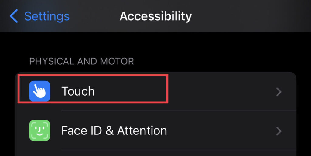 Select "Touch" from accessibility menu.