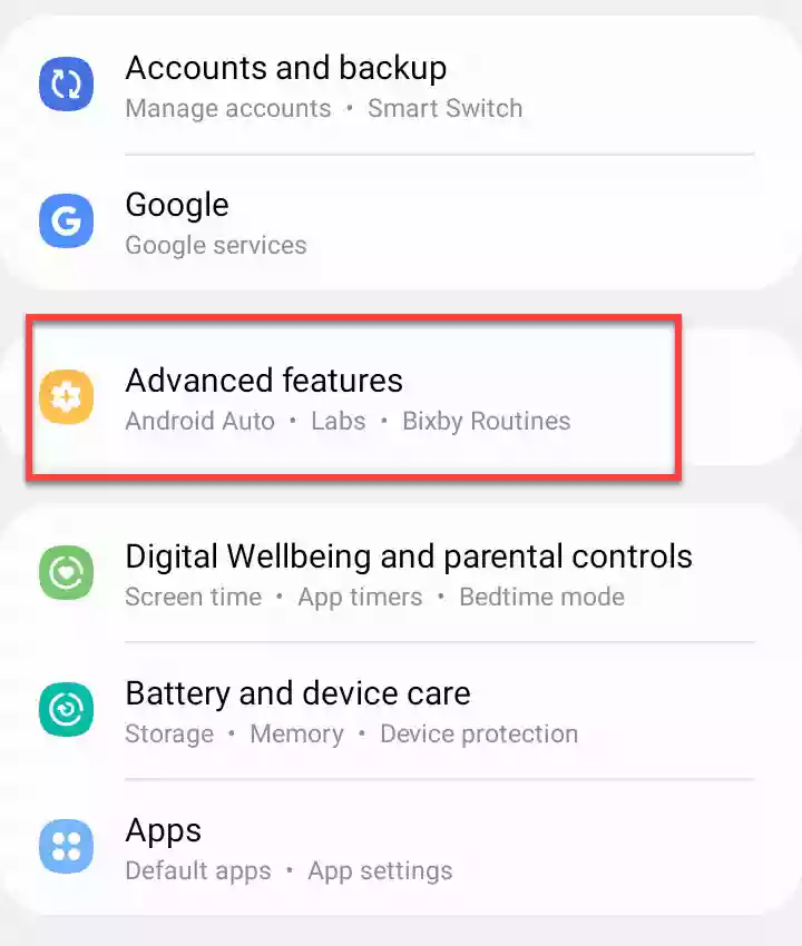 Advanced features in Settings