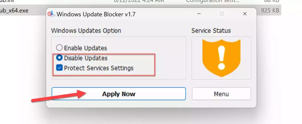 Disable Updates in Windows Update Blocker tool