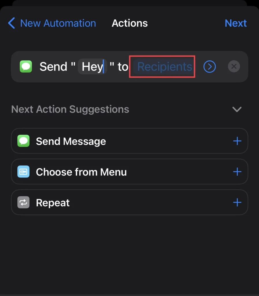 Tap on "Recipient" to add a contact to whom you want to send a message.