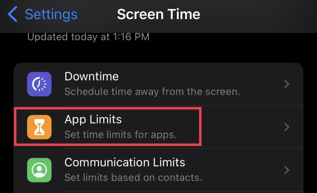 Tap on "App Limits" from the screen time.