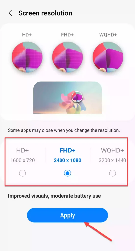Change the screen resolution on your Galaxy S22 by selecting a option in this page