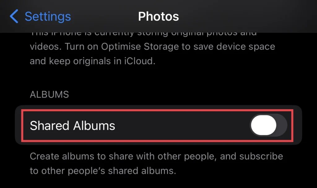 Tap to Toggle off the "Shared Album" feature from the photos menu.
