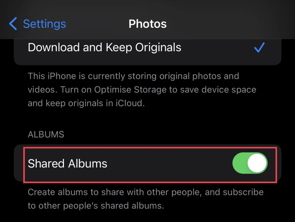 Tap to turn on the "Shared Album" feature.