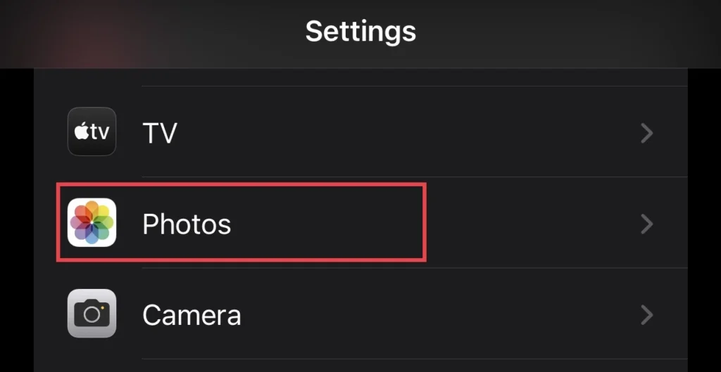 From the settings menu select "Photos"