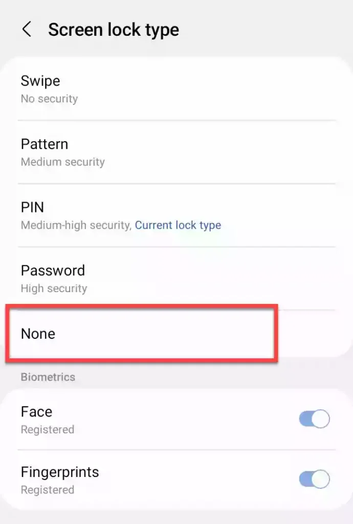 Select None in Screen lock type