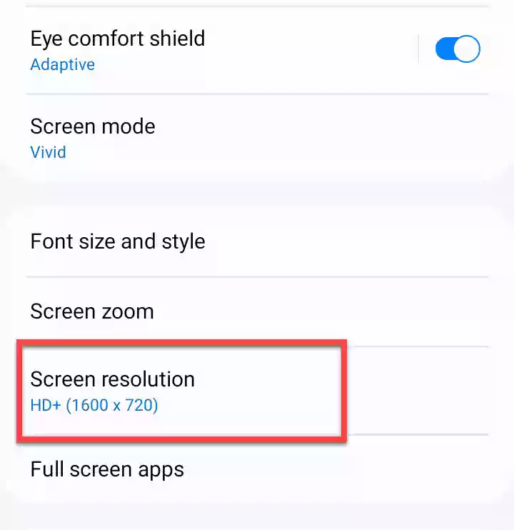 Screen resolution in Display settings