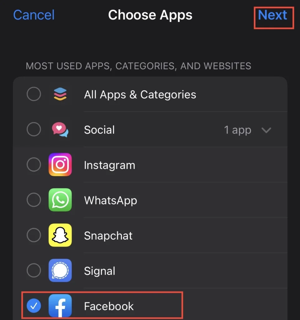 Select the app you want to add limit for.