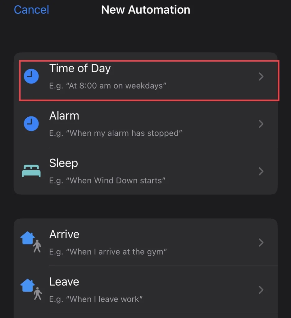 Choose the "Time of Day" for your automation.