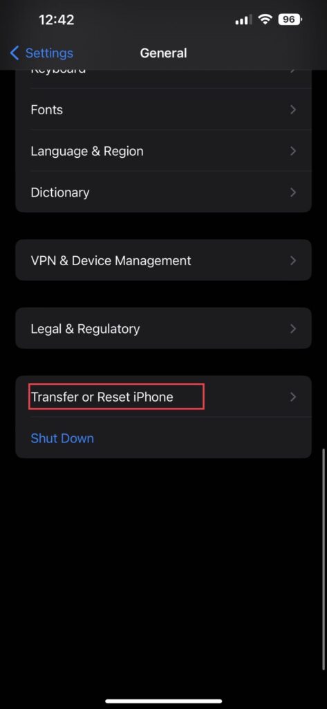 Select "Transfer or Reset iPhone."