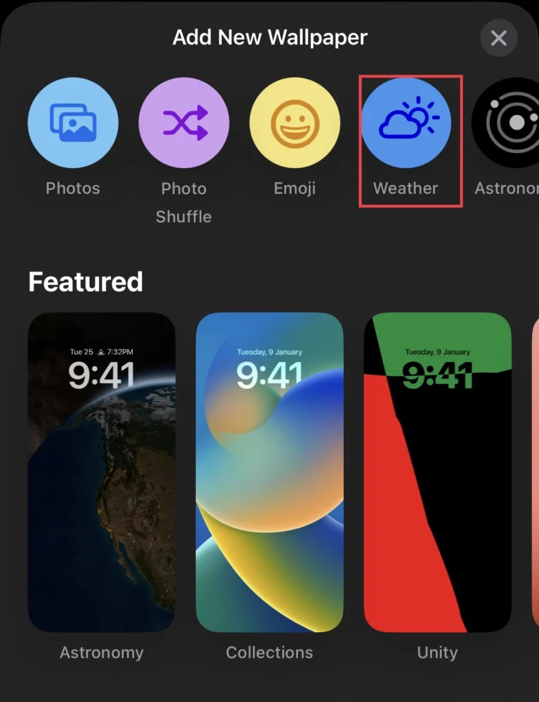 To create a weather lock screen on iPhone 14, select the "Weather" theme for the lock screen.
