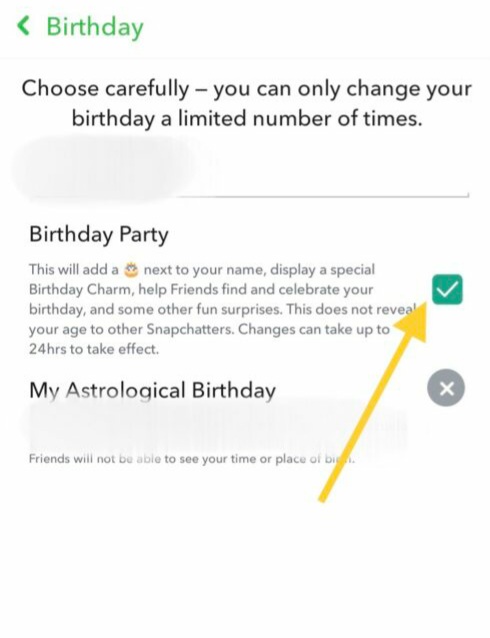 Disable birthday party to hide birthday on Snapchat