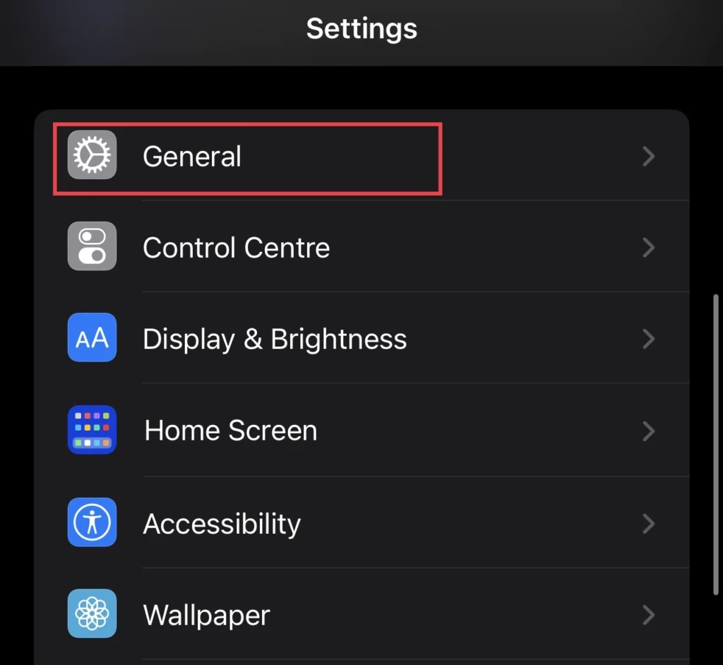 Select "General" from the settings menu.