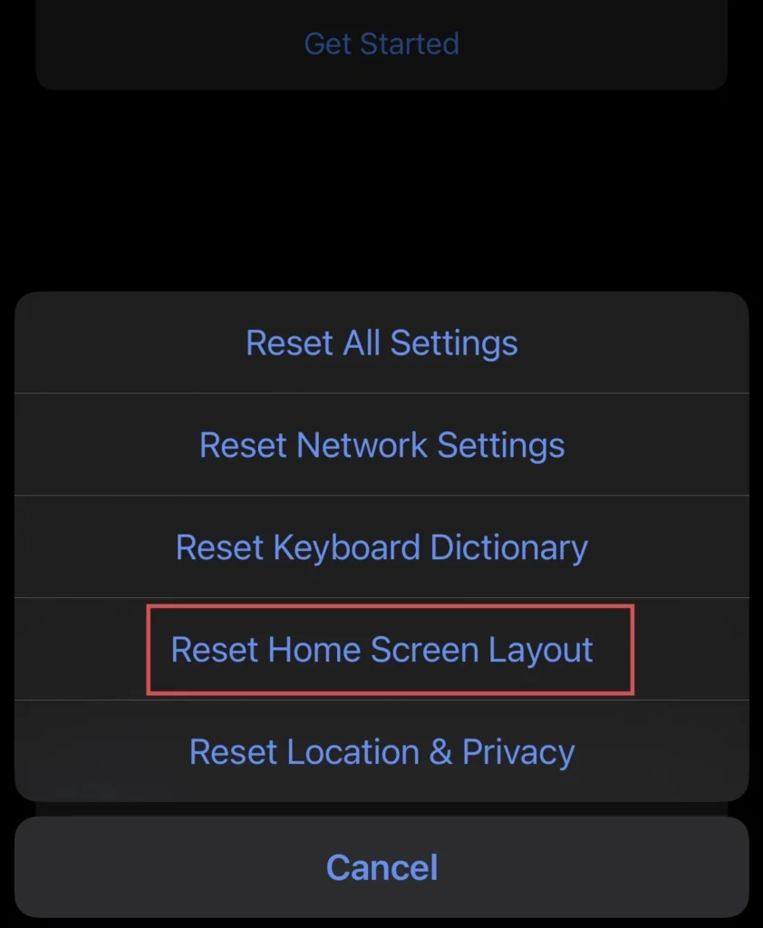 To reset the home screen tap on "Reset Home Screen Layout"