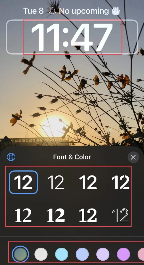 Then tap on the "Time" displayed on the lock screen then select the color and time font.