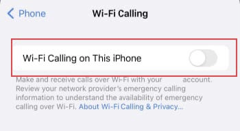 Next, toggle on the "Wi-Fi Calling'