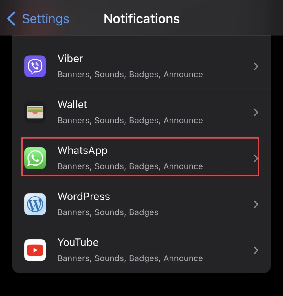 Then select the "WhatsApp" app from the apps list.