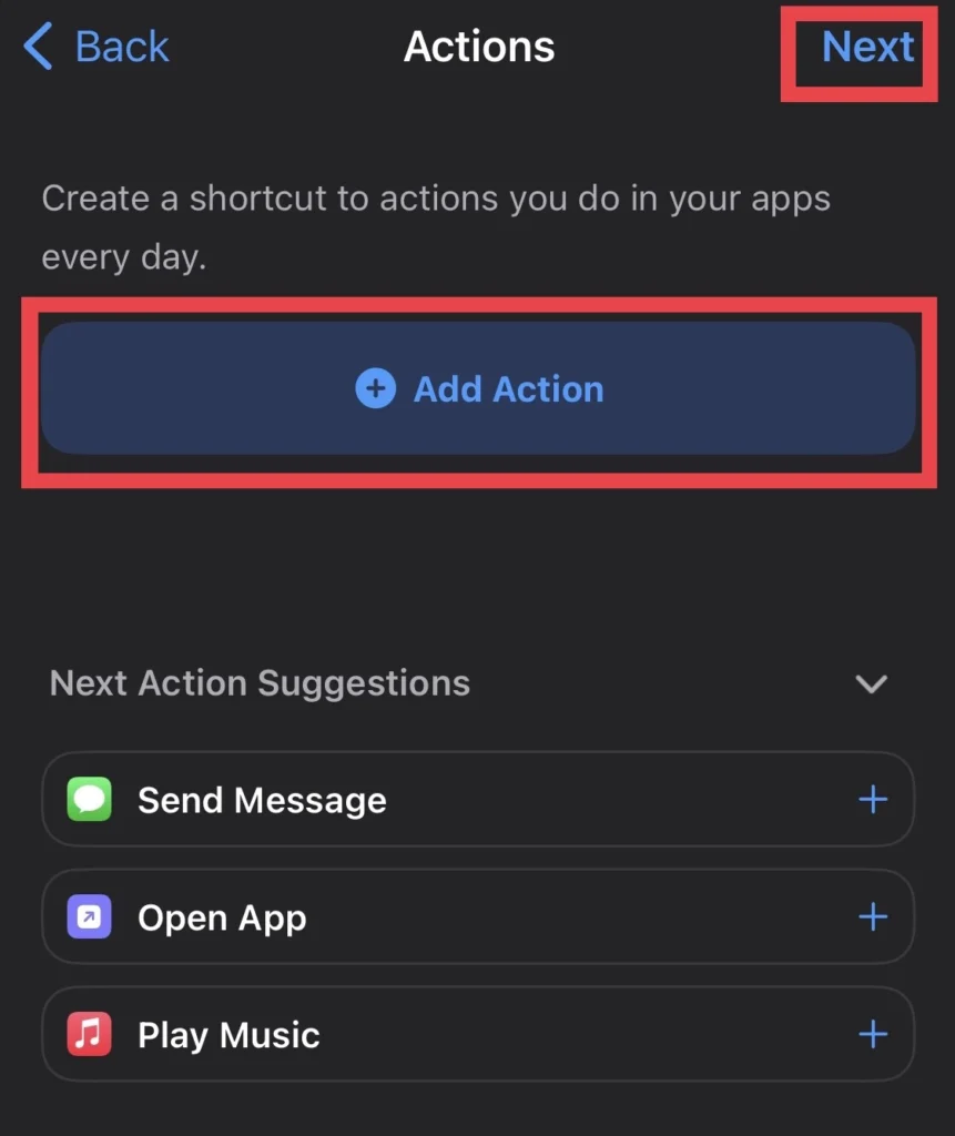 Tap on "Add Action" to create action.