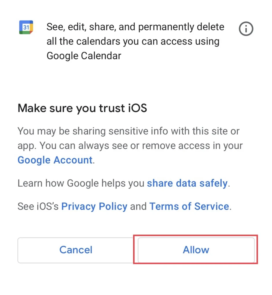 To allow the iOS device access your account select "Allow"