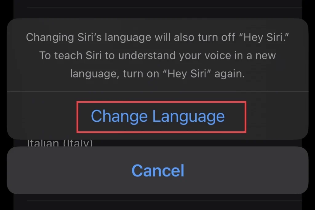 Select the "Change Language" option for confirmation.