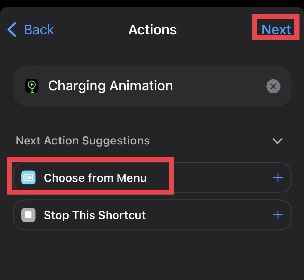 Next, tap on "Choose from Menu" to add more actions.