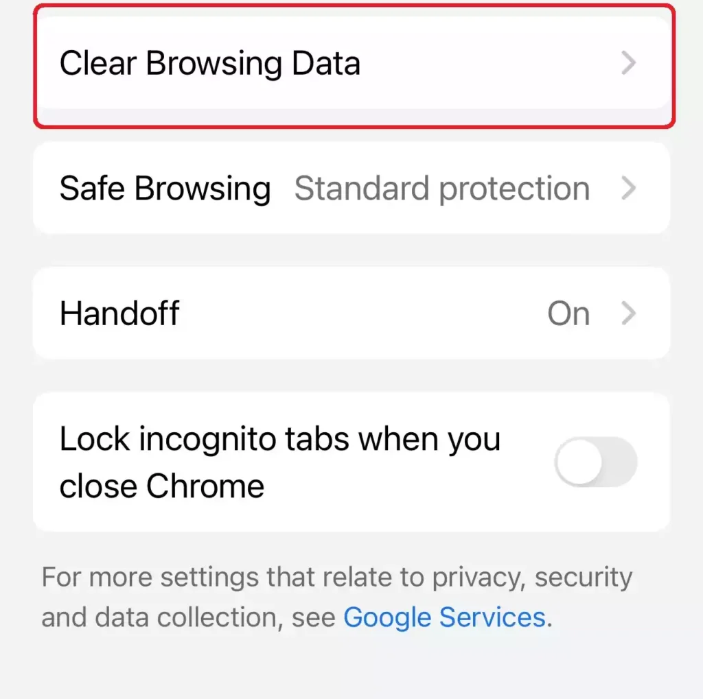 Clear Browing Data in Privacy and security