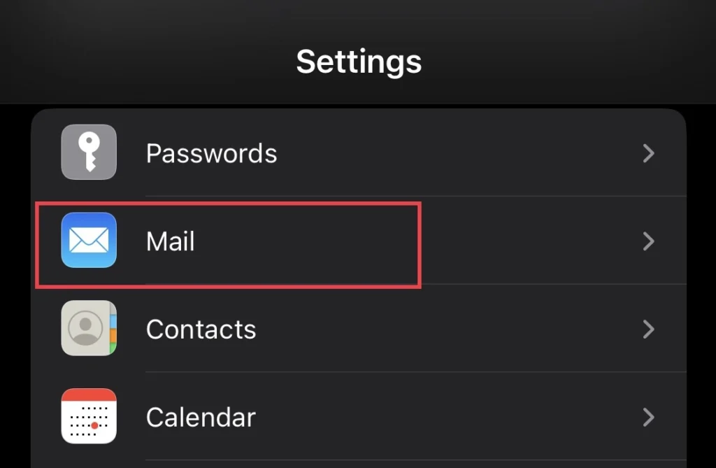 Then select "Mail" from the settings menu.